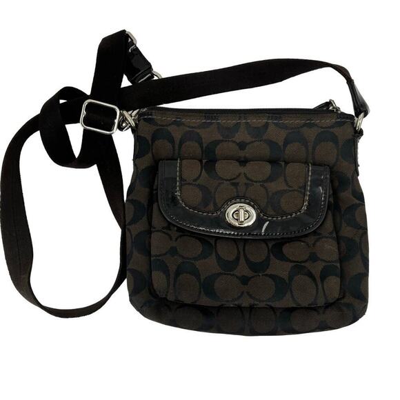 Coach Handbags - Coach Signature Canvas Small Crossbody Bag Brown Black Zip Top Twist Lock Pocket